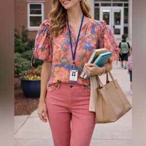Olivaceous Floral Puff-Sleeve Peasant Top in Coral & Blue